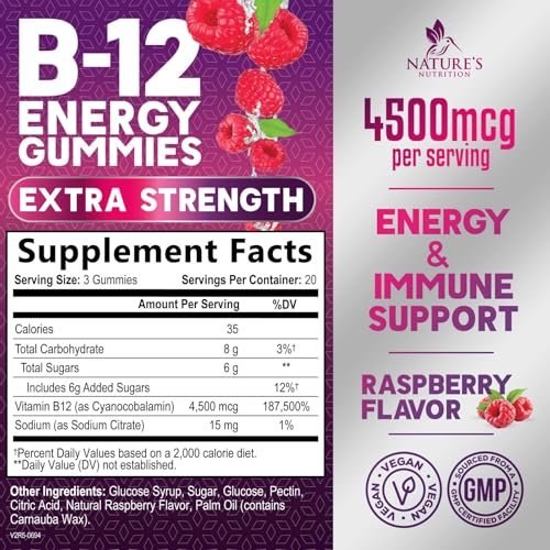 B12 Energie Gummis - 4500 mcg Vitamin B12 pro Portion - Extra starke kaubare B12-Ergänzung für Energie, Stoffwechsel & Immunsystem - Für Frauen, Männer & Kinder - Natürlich & Beerengeschmack - 60 Gummis