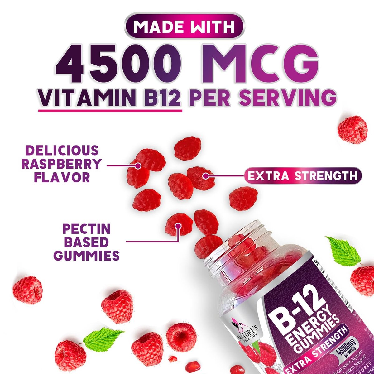 B12 Energie Gummis - 4500 mcg Vitamin B12 pro Portion - Extra starke kaubare B12-Ergänzung für Energie, Stoffwechsel & Immunsystem - Für Frauen, Männer & Kinder - Natürlich & Beerengeschmack - 60 Gummis