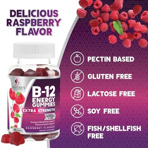 B12 Energie Gummis - 4500 mcg Vitamin B12 pro Portion - Extra starke kaubare B12-Ergänzung für Energie, Stoffwechsel & Immunsystem - Für Frauen, Männer & Kinder - Natürlich & Beerengeschmack - 60 Gummis