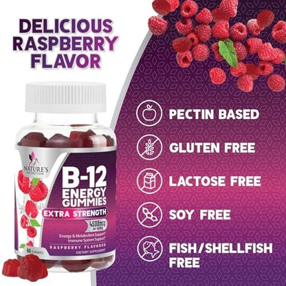 B12 Energie Gummis - 4500 mcg Vitamin B12 pro Portion - Extra starke kaubare B12-Ergänzung für Energie, Stoffwechsel & Immunsystem - Für Frauen, Männer & Kinder - Natürlich & Beerengeschmack - 60 Gummis