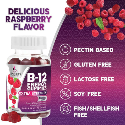 B12 Energie Gummis - 4500 mcg Vitamin B12 pro Portion - Extra starke kaubare B12-Ergänzung für Energie, Stoffwechsel & Immunsystem - Für Frauen, Männer & Kinder - Natürlich & Beerengeschmack - 60 Gummis
