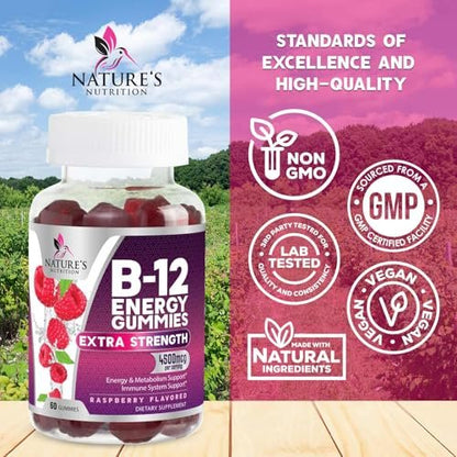 B12 Energie Gummis - 4500 mcg Vitamin B12 pro Portion - Extra starke kaubare B12-Ergänzung für Energie, Stoffwechsel & Immunsystem - Für Frauen, Männer & Kinder - Natürlich & Beerengeschmack - 60 Gummis