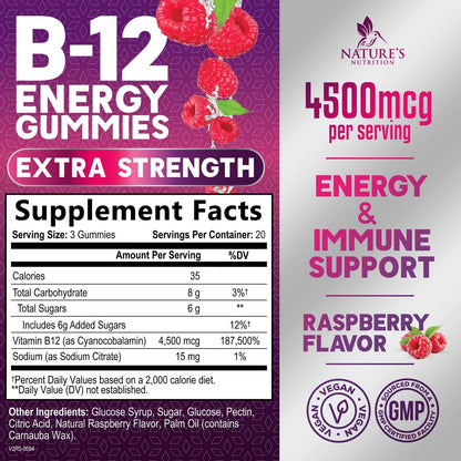 B12 Energie Gummis - 4500 mcg Vitamin B12 pro Portion - Extra starke kaubare B12-Ergänzung für Energie, Stoffwechsel & Immunsystem - Für Frauen, Männer & Kinder - Natürlich & Beerengeschmack - 60 Gummis