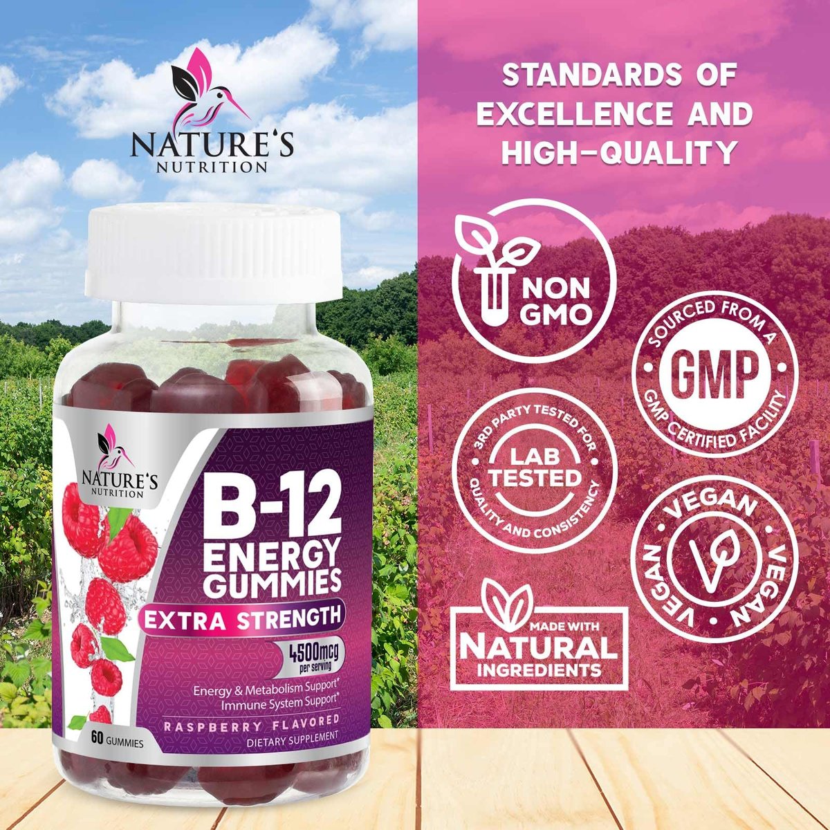 B12 Energie Gummis - 4500 mcg Vitamin B12 pro Portion - Extra starke kaubare B12-Ergänzung für Energie, Stoffwechsel & Immunsystem - Für Frauen, Männer & Kinder - Natürlich & Beerengeschmack - 60 Gummis