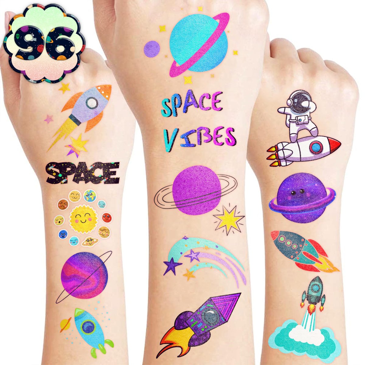 96-teiliges Galaxie-Vorgeschnittene temporäre Tattoos für Kinder - Weltraum-Abenteuer Geburtstagsparty Zubehör, niedliche Aufkleber für Jungen & Mädchen, lustige Partygeschenke, Klassenzimmerpreise, Weihnachtsgeschenke
