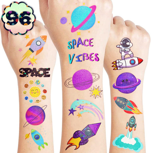 96-teiliges Galaxie-Vorgeschnittene temporäre Tattoos für Kinder - Weltraum-Abenteuer Geburtstagsparty Zubehör, niedliche Aufkleber für Jungen & Mädchen, lustige Partygeschenke, Klassenzimmerpreise, Weihnachtsgeschenke