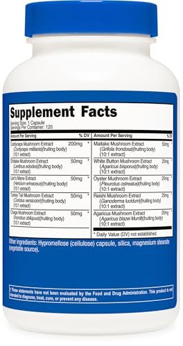 Nutricost Pilzkomplex – 10 Pilze in einer Kapsel: Reishi, Maitake, Shiitake, Löwenmähne uvm. – 120 Kapseln, 120 Portionen – Non-GMO & glutenfrei