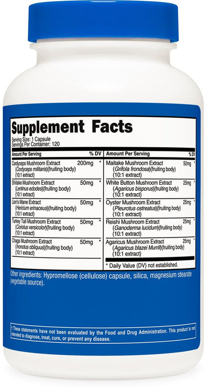 Nutricost Pilzkomplex – 10 Pilze in einer Kapsel: Reishi, Maitake, Shiitake, Löwenmähne uvm. – 120 Kapseln, 120 Portionen – Non-GMO & glutenfrei