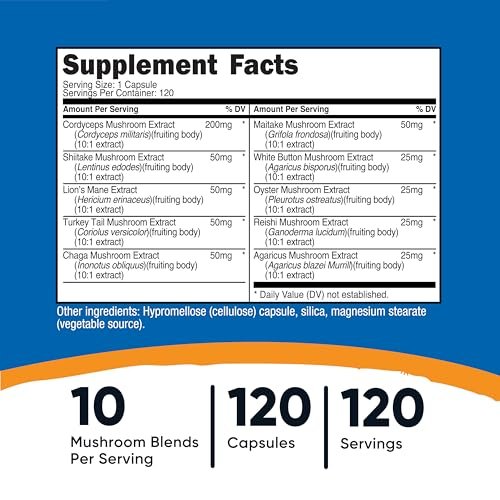 Nutricost Pilzkomplex – 10 Pilze in einer Kapsel: Reishi, Maitake, Shiitake, Löwenmähne uvm. – 120 Kapseln, 120 Portionen – Non-GMO & glutenfrei
