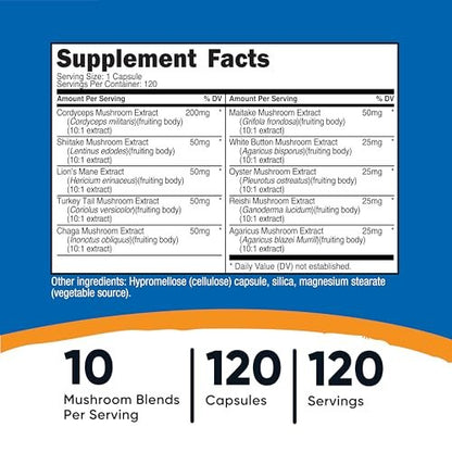 Nutricost Pilzkomplex – 10 Pilze in einer Kapsel: Reishi, Maitake, Shiitake, Löwenmähne uvm. – 120 Kapseln, 120 Portionen – Non-GMO & glutenfrei