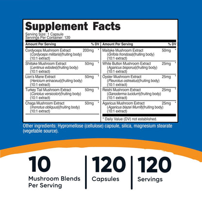 Nutricost Pilzkomplex – 10 Pilze in einer Kapsel: Reishi, Maitake, Shiitake, Löwenmähne uvm. – 120 Kapseln, 120 Portionen – Non-GMO & glutenfrei