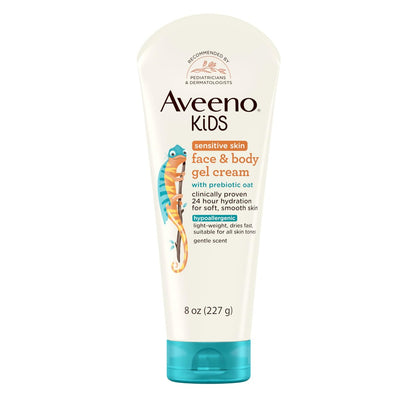 Aveeno Sensitive Skin Face & Body Gel Creme für Kinder mit Präbiotischem Hafer – Klinisch bestätigte 24-Stunden-Feuchtigkeitspflege, schnell trocknend & leicht, hypoallergen, 227 g