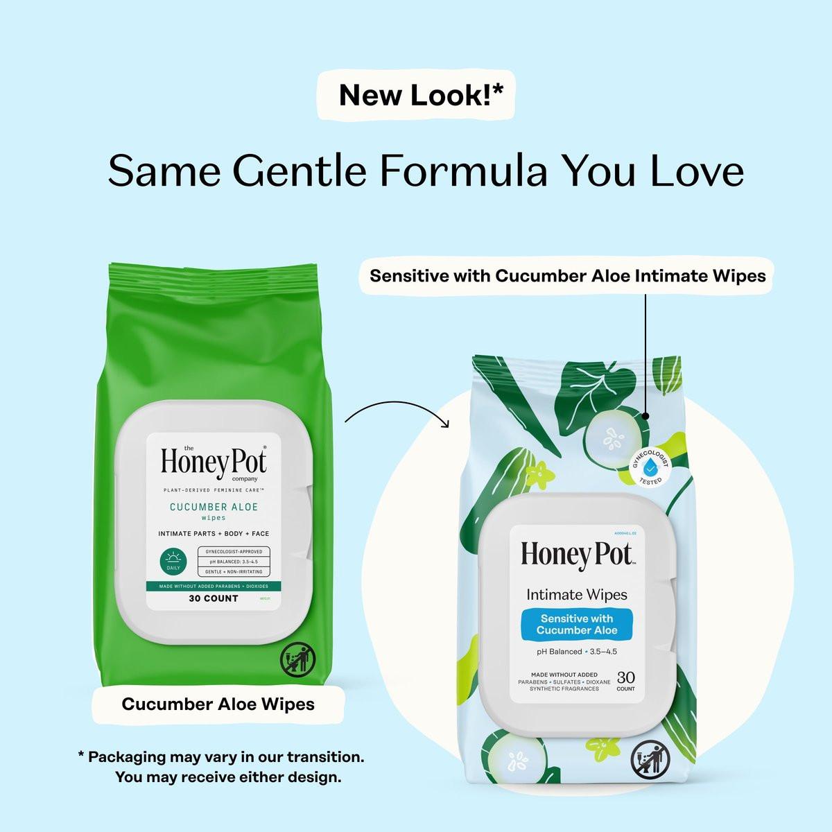 The Honey Pot Company – Feminine Wipes – Tägliche pH-Balance, parfüm- und sulfatfreie Tücher für intime Bereiche, Gesicht und Körper – Sensitiv mit Gurke und Aloe Vera, 30 Stück