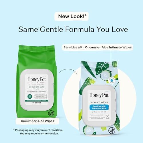 The Honey Pot Company – Feminine Wipes – Tägliche pH-Balance, parfüm- und sulfatfreie Tücher für intime Bereiche, Gesicht und Körper – Sensitiv mit Gurke und Aloe Vera, 30 Stück