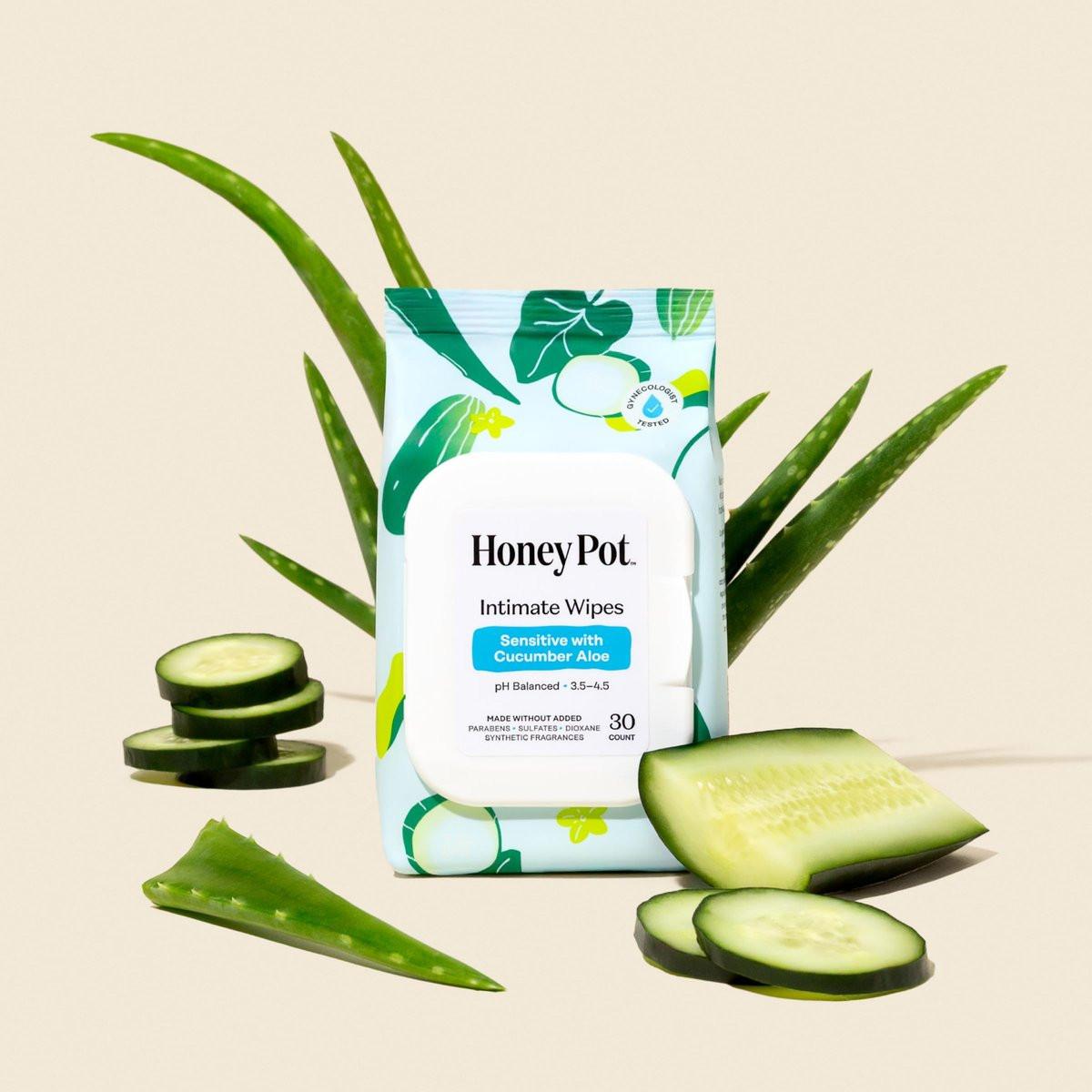 The Honey Pot Company – Feminine Wipes – Tägliche pH-Balance, parfüm- und sulfatfreie Tücher für intime Bereiche, Gesicht und Körper – Sensitiv mit Gurke und Aloe Vera, 30 Stück
