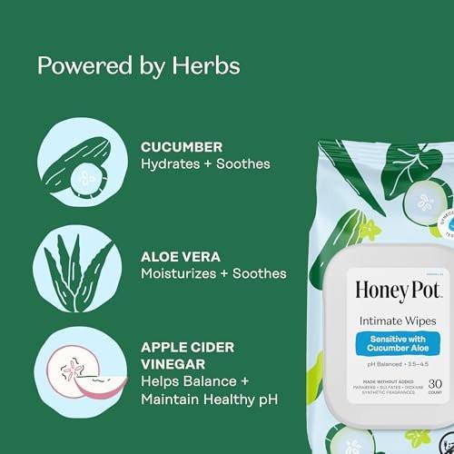 The Honey Pot Company – Feminine Wipes – Tägliche pH-Balance, parfüm- und sulfatfreie Tücher für intime Bereiche, Gesicht und Körper – Sensitiv mit Gurke und Aloe Vera, 30 Stück
