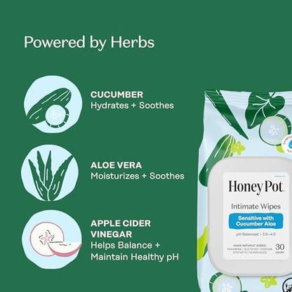 The Honey Pot Company – Feminine Wipes – Tägliche pH-Balance, parfüm- und sulfatfreie Tücher für intime Bereiche, Gesicht und Körper – Sensitiv mit Gurke und Aloe Vera, 30 Stück