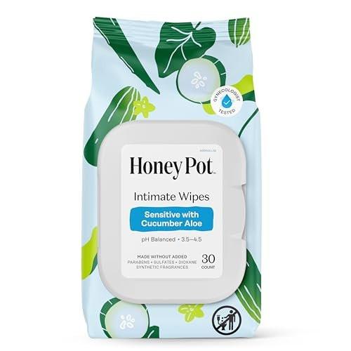 The Honey Pot Company – Feminine Wipes – Tägliche pH-Balance, parfüm- und sulfatfreie Tücher für intime Bereiche, Gesicht und Körper – Sensitiv mit Gurke und Aloe Vera, 30 Stück