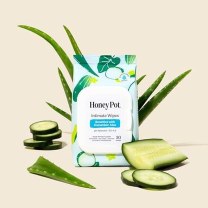The Honey Pot Company – Feminine Wipes – Tägliche pH-Balance, parfüm- und sulfatfreie Tücher für intime Bereiche, Gesicht und Körper – Sensitiv mit Gurke und Aloe Vera, 30 Stück
