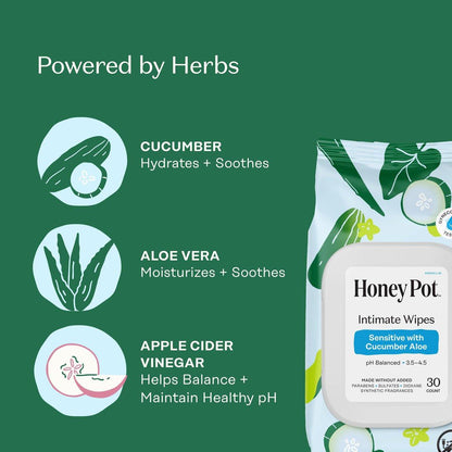 The Honey Pot Company – Feminine Wipes – Tägliche pH-Balance, parfüm- und sulfatfreie Tücher für intime Bereiche, Gesicht und Körper – Sensitiv mit Gurke und Aloe Vera, 30 Stück