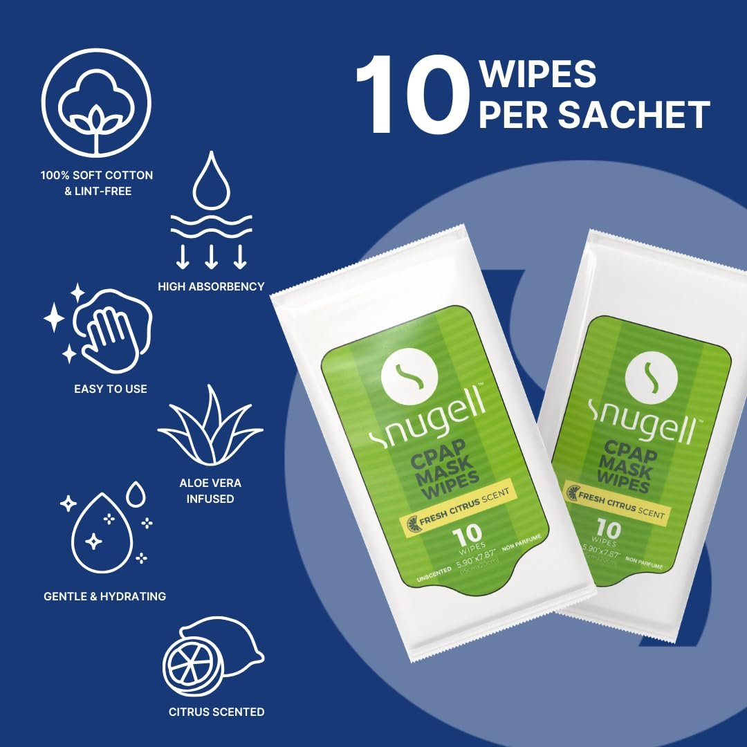 Snugell Zitrusduft-Reinigungstücher für CPAP-Masken – 12 Packungen à 10 Tücher – 100 % weiche Baumwolle – Hautschonend mit Aloe Vera – Fussel- und alkoholfrei – Ideal für schnelle und effiziente Reinigung von CPAP-Masken