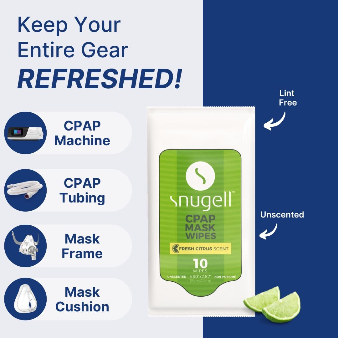 Snugell Zitrusduft-Reinigungstücher für CPAP-Masken – 12 Packungen à 10 Tücher – 100 % weiche Baumwolle – Hautschonend mit Aloe Vera – Fussel- und alkoholfrei – Ideal für schnelle und effiziente Reinigung von CPAP-Masken