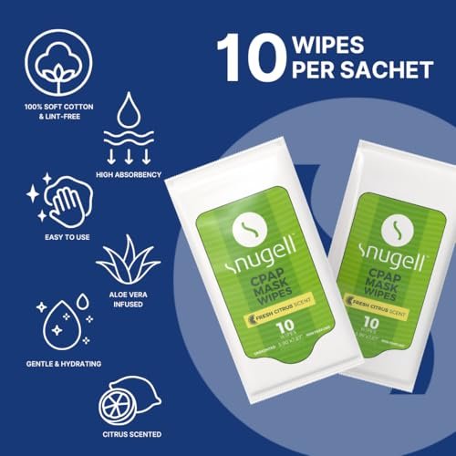 Snugell Zitrusduft-Reinigungstücher für CPAP-Masken – 12 Packungen à 10 Tücher – 100 % weiche Baumwolle – Hautschonend mit Aloe Vera – Fussel- und alkoholfrei – Ideal für schnelle und effiziente Reinigung von CPAP-Masken