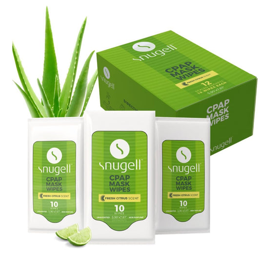Snugell Zitrusduft-Reinigungstücher für CPAP-Masken – 12 Packungen à 10 Tücher – 100 % weiche Baumwolle – Hautschonend mit Aloe Vera – Fussel- und alkoholfrei – Ideal für schnelle und effiziente Reinigung von CPAP-Masken