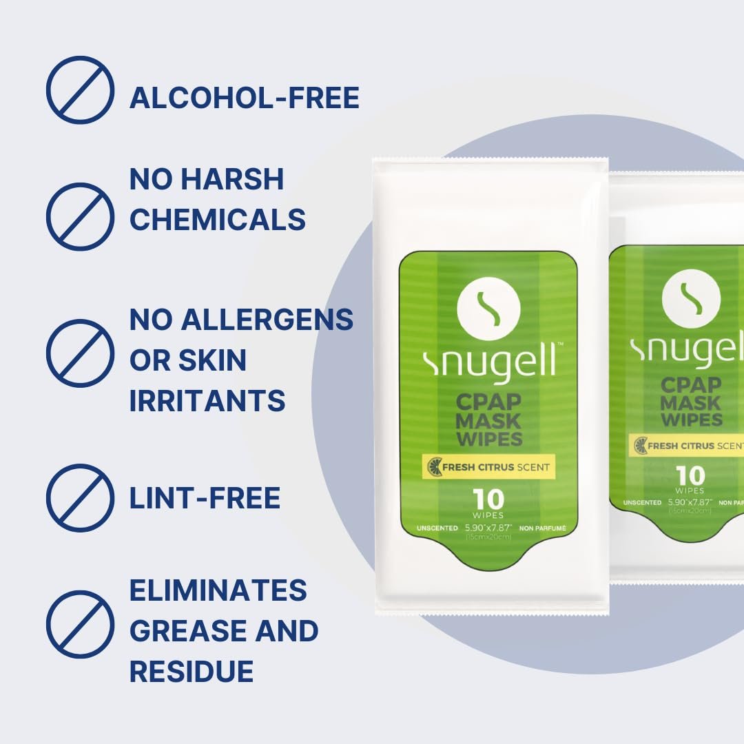 Snugell Zitrusduft-Reinigungstücher für CPAP-Masken – 12 Packungen à 10 Tücher – 100 % weiche Baumwolle – Hautschonend mit Aloe Vera – Fussel- und alkoholfrei – Ideal für schnelle und effiziente Reinigung von CPAP-Masken