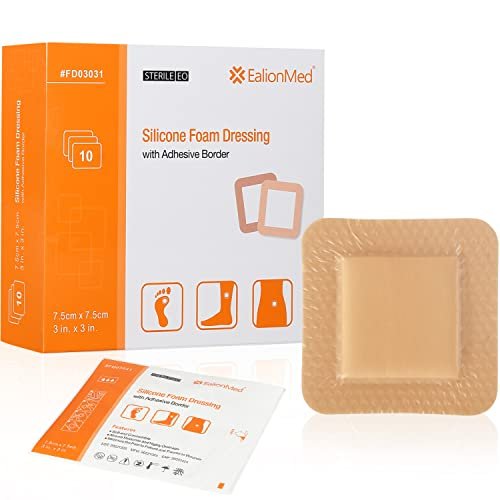 EalionMed Silikon-Schaumverband mit sanftem Kleberand 7,5x7,5 cm, 10 Stück, schmerzfreies Entfernen, hohe Saugfähigkeit, Wundverband für Druckgeschwüre, Beingeschwüre, diabetische Geschwüre