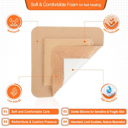 EalionMed Silikon-Schaumverband mit sanftem Kleberand 7,5x7,5 cm, 10 Stück, schmerzfreies Entfernen, hohe Saugfähigkeit, Wundverband für Druckgeschwüre, Beingeschwüre, diabetische Geschwüre