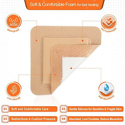 EalionMed Silikon-Schaumverband mit sanftem Kleberand 7,5x7,5 cm, 10 Stück, schmerzfreies Entfernen, hohe Saugfähigkeit, Wundverband für Druckgeschwüre, Beingeschwüre, diabetische Geschwüre