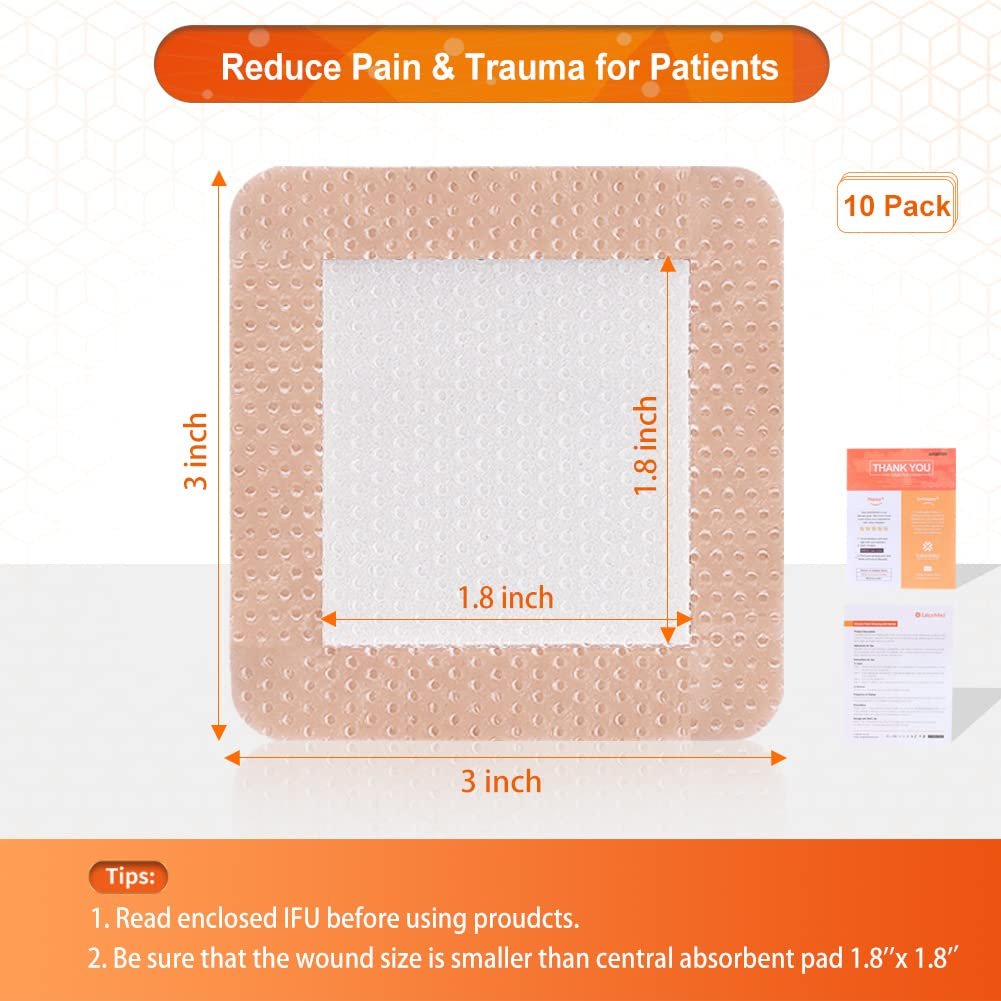 EalionMed Silikon-Schaumverband mit sanftem Kleberand 7,5x7,5 cm, 10 Stück, schmerzfreies Entfernen, hohe Saugfähigkeit, Wundverband für Druckgeschwüre, Beingeschwüre, diabetische Geschwüre