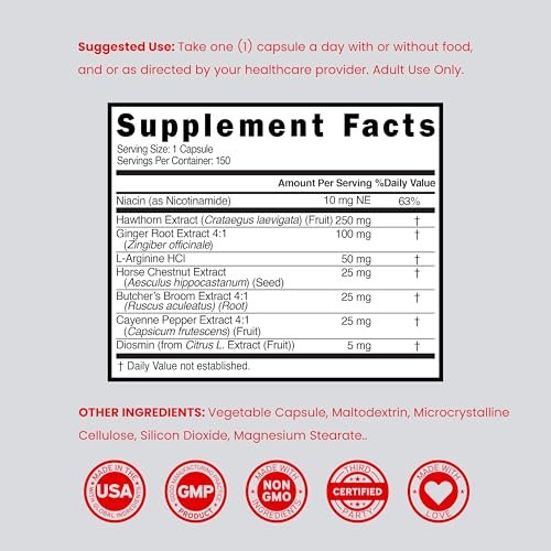 Blutkreislauf-Supplement mit Diosmin & mehr (150 Kapseln) – Durchblutungsförderer für Männer & Frauen – Unterstützung bei Krampfadern & Besenreisern – Vegan & Non-GMO – 3. Parteien getestet – Hergestellt in den USA