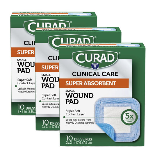Curad Superabsorbierender Wundverband, Klein, 3" x 3", 10 Stück, 3er-Pack