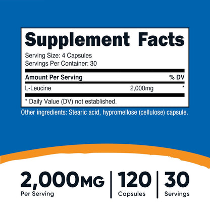 Nutricost L-Leucin 2.000 mg, 120 vegane Kapseln, Non-GMO, glutenfrei, 30 Portionen