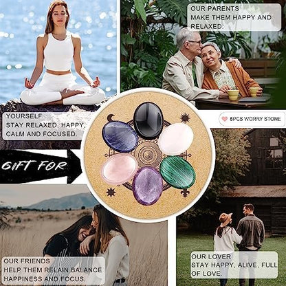 GolbalJew 6er Set Daumen-Worry-Steine für Angstheilung, handgeschnitzte Kristalle und Heilsteine, Meditationskristalle Reiki natürliche Handflächensteine zur Angstherapie
