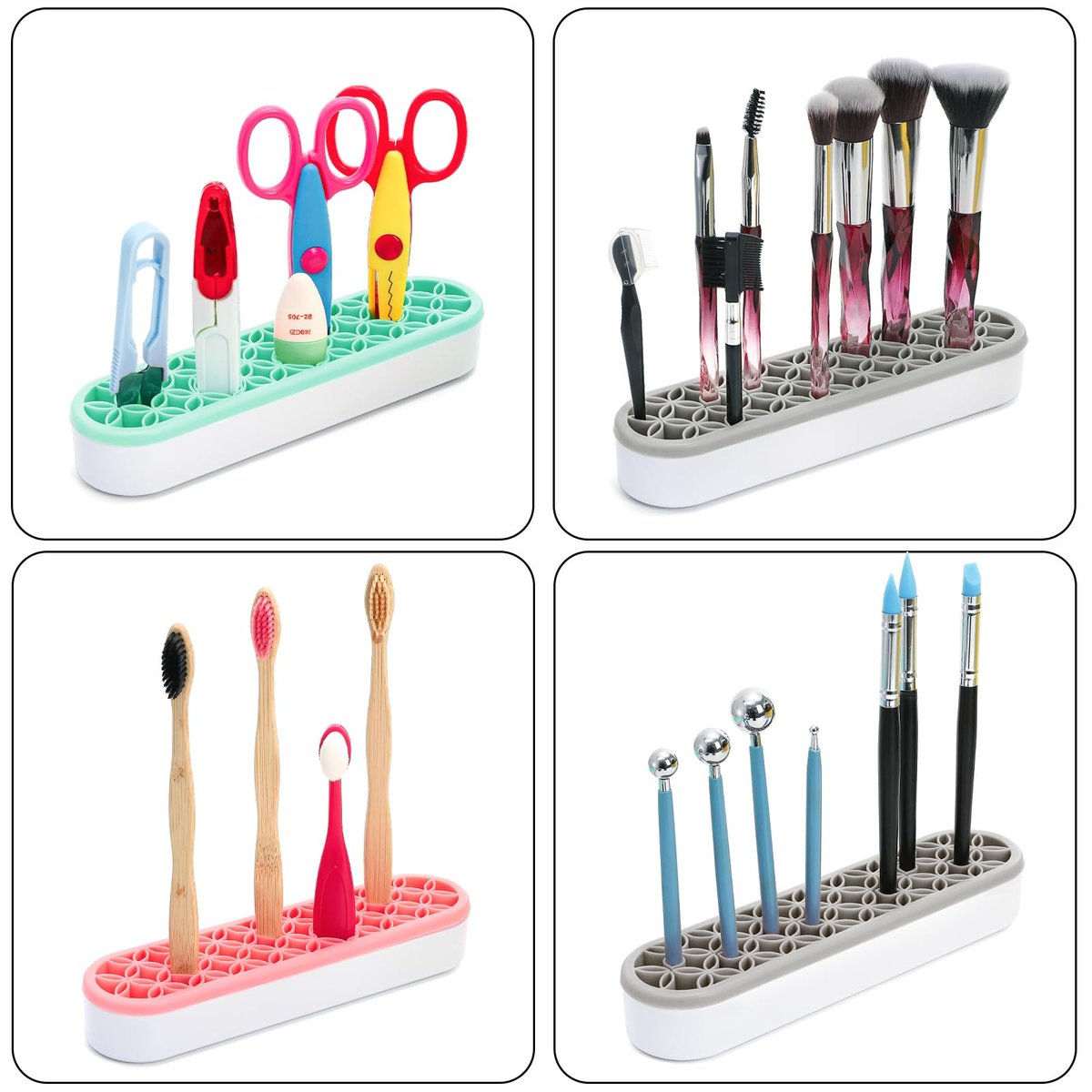 Elsjoy 3er-Pack Silikon Pinselhalter für Make-up, Schreibtisch-Organizer für Kosmetik, Stifte, Nähzubehör – Pink, Grau, Grün