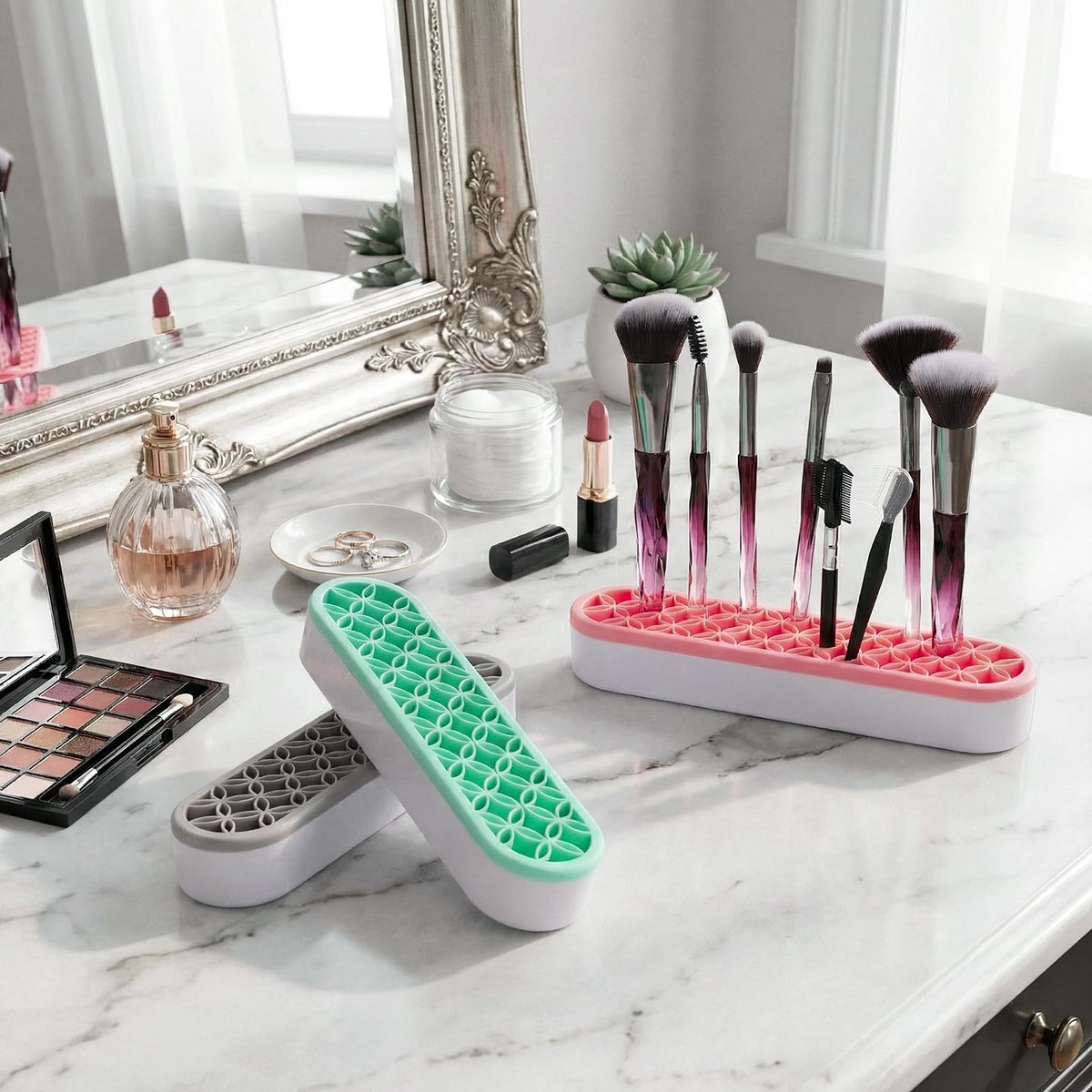 Elsjoy 3er-Pack Silikon Pinselhalter für Make-up, Schreibtisch-Organizer für Kosmetik, Stifte, Nähzubehör – Pink, Grau, Grün