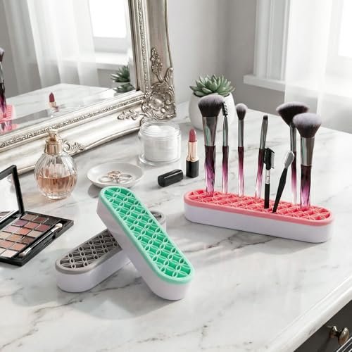 Elsjoy 3er-Pack Silikon Pinselhalter für Make-up, Schreibtisch-Organizer für Kosmetik, Stifte, Nähzubehör – Pink, Grau, Grün