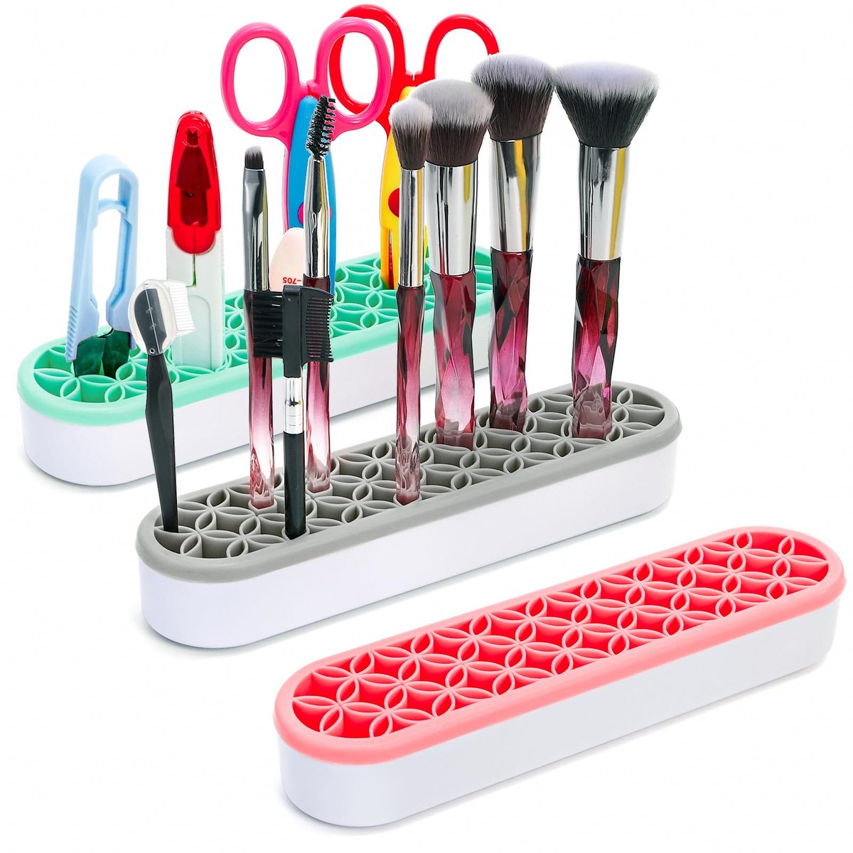 Elsjoy 3er-Pack Silikon Pinselhalter für Make-up, Schreibtisch-Organizer für Kosmetik, Stifte, Nähzubehör – Pink, Grau, Grün