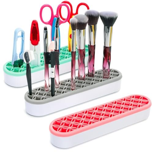 Elsjoy 3er-Pack Silikon Pinselhalter für Make-up, Schreibtisch-Organizer für Kosmetik, Stifte, Nähzubehör – Pink, Grau, Grün