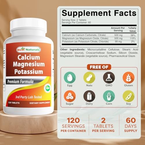 Best Naturals Calcium Magnesium Kalium - 120 Tabletten - Non-GMO & Glutenfrei