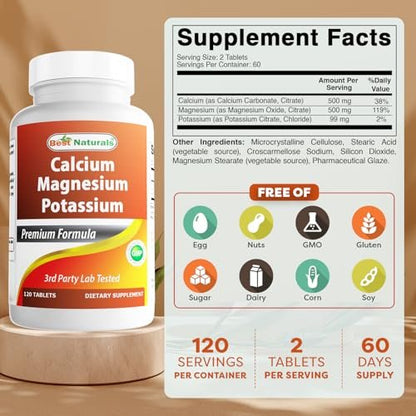 Best Naturals Calcium Magnesium Kalium - 120 Tabletten - Non-GMO & Glutenfrei