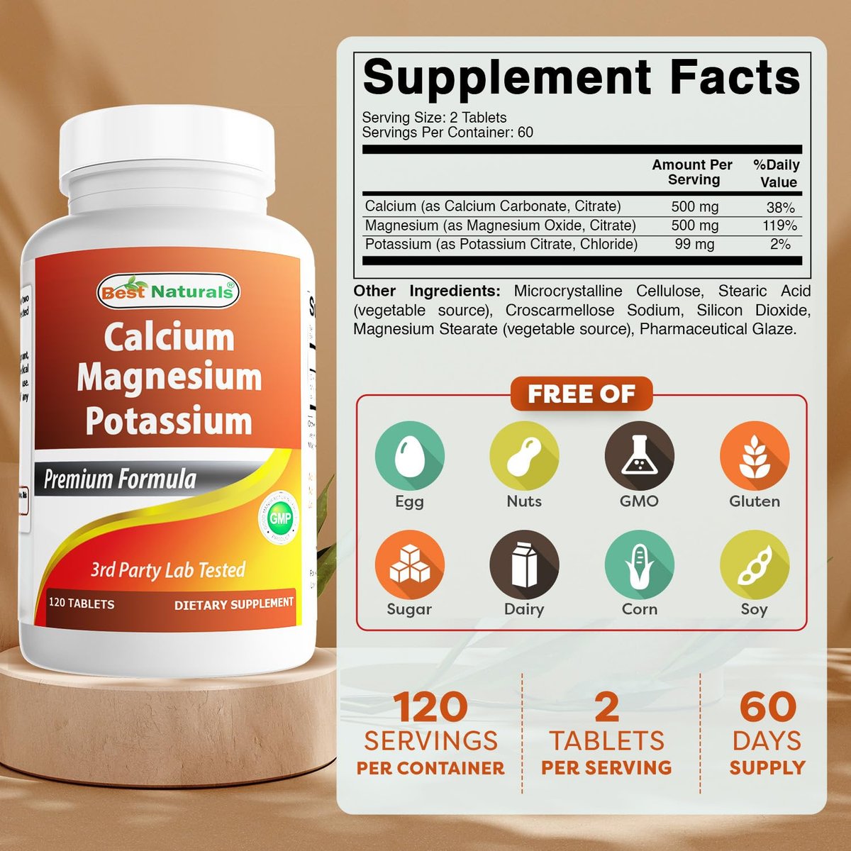Best Naturals Calcium Magnesium Kalium - 120 Tabletten - Non-GMO & Glutenfrei