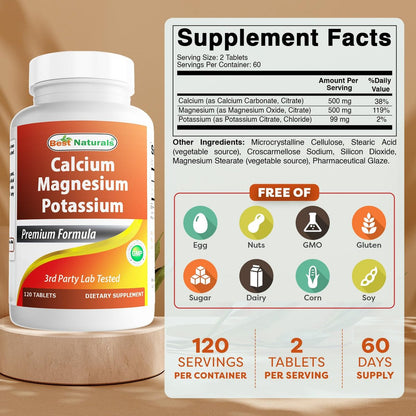 Best Naturals Calcium Magnesium Kalium - 120 Tabletten - Non-GMO & Glutenfrei