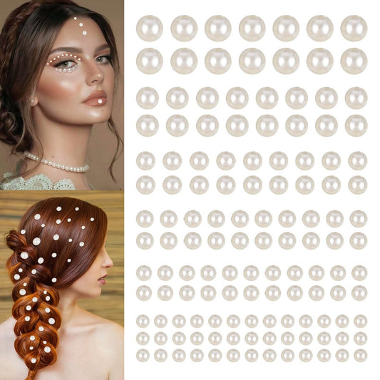2744 Stück Haarperlen zum Aufkleben, selbstklebende Perlenaufkleber, Perlenstickies für Bastelarbeiten, Aufklebeperlen, Haar- und Gesichtssteine, beige Perlenstickies für Make-up, Nagel-DIY-Bastelarbeiten, verschiedene Größen