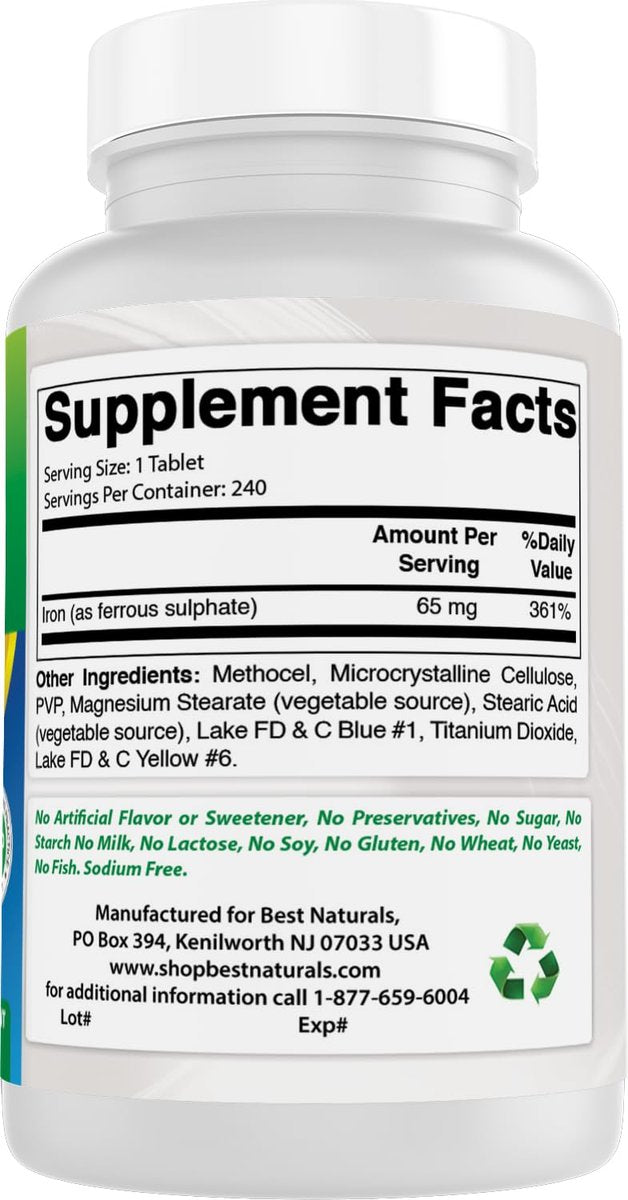 Best Naturals Eisenpräparat – 65 mg – 240 Tabletten – Non-GMO & Glutenfrei