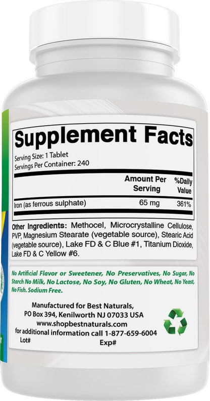 Best Naturals Eisenpräparat – 65 mg – 240 Tabletten – Non-GMO & Glutenfrei