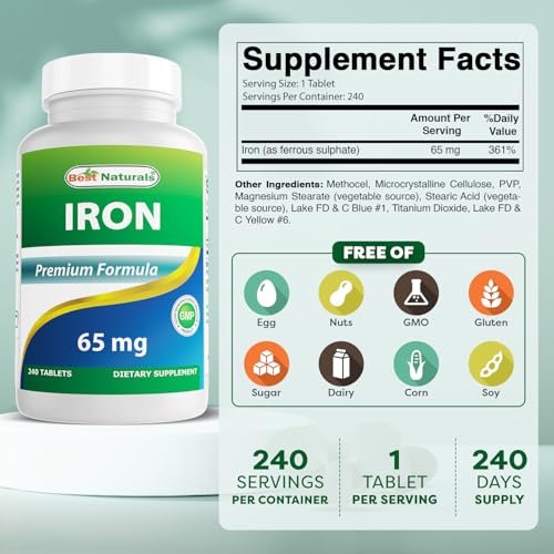 Best Naturals Eisenpräparat – 65 mg – 240 Tabletten – Non-GMO & Glutenfrei